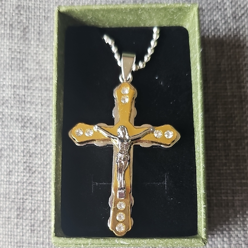 NIB Gold and Silver Crucifix Pendant Necklace Rhinestone Accents